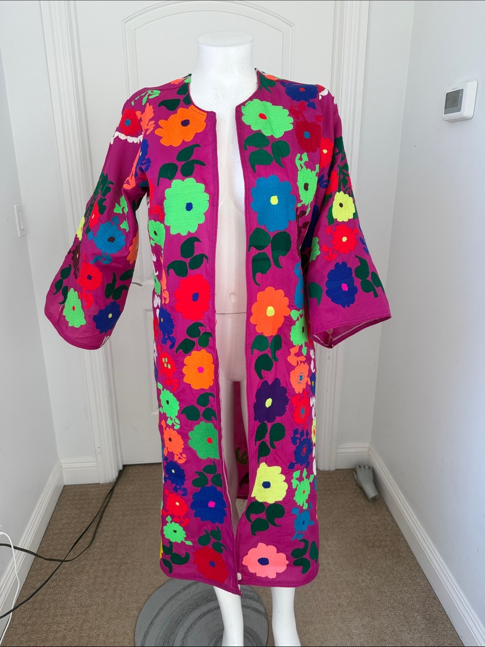 Vintage 70s Afghan Hand Embroidered Coat Floral Boho Folk Art Duster Maxi - Picture 11 of 11